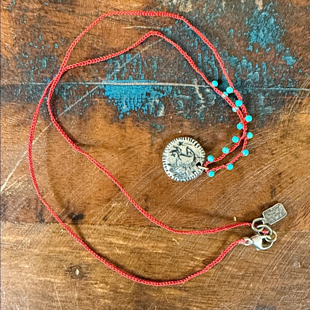 Boho Red Cord Necklace with Turquoise Beads and Sun Medallion - Picture 2 of 6